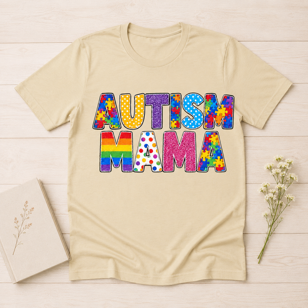 Autism Mama T-Shirt | Colorful Puzzle Letter Design