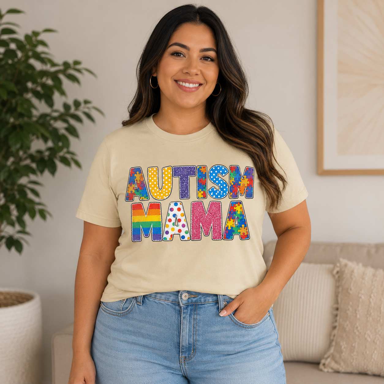 Autism Mama T-Shirt | Colorful Puzzle Letter Design