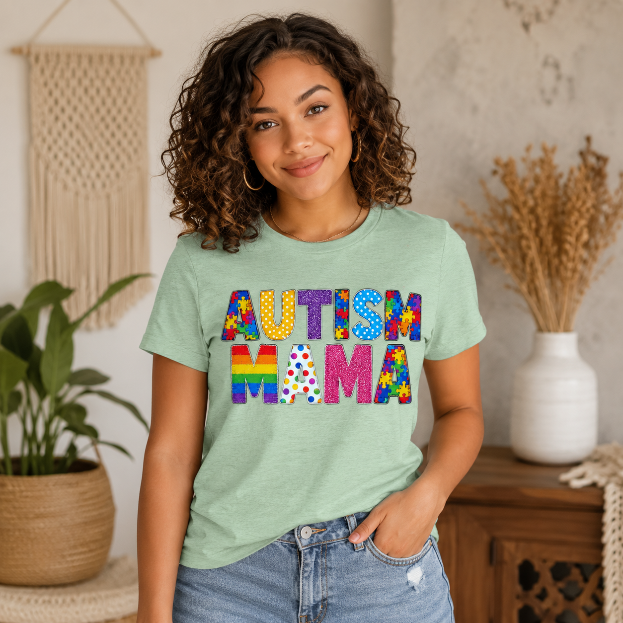 Autism Mama T-Shirt | Colorful Puzzle Letter Design
