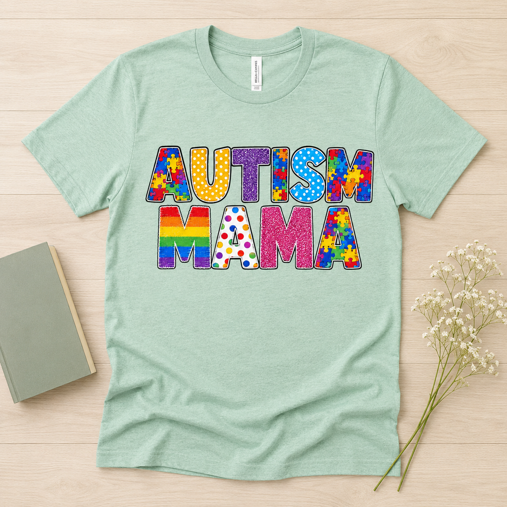 Autism Mama T-Shirt | Colorful Puzzle Letter Design