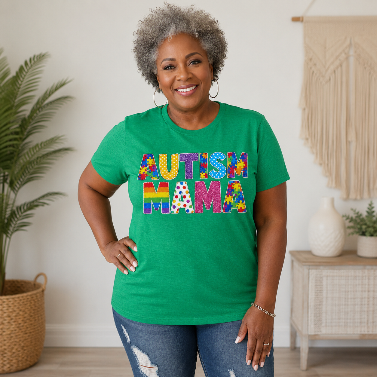 Autism Mama T-Shirt | Colorful Puzzle Letter Design