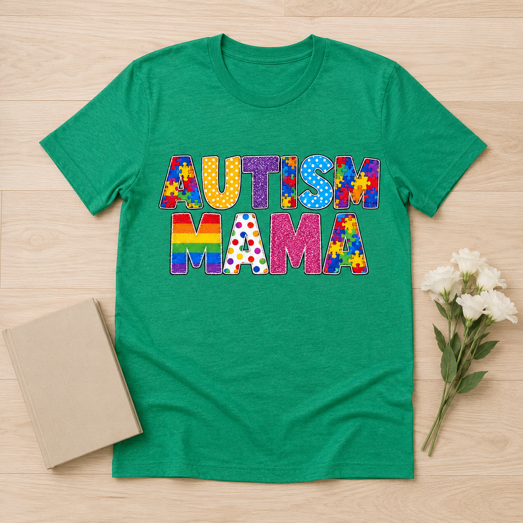 Autism Mama T-Shirt | Colorful Puzzle Letter Design