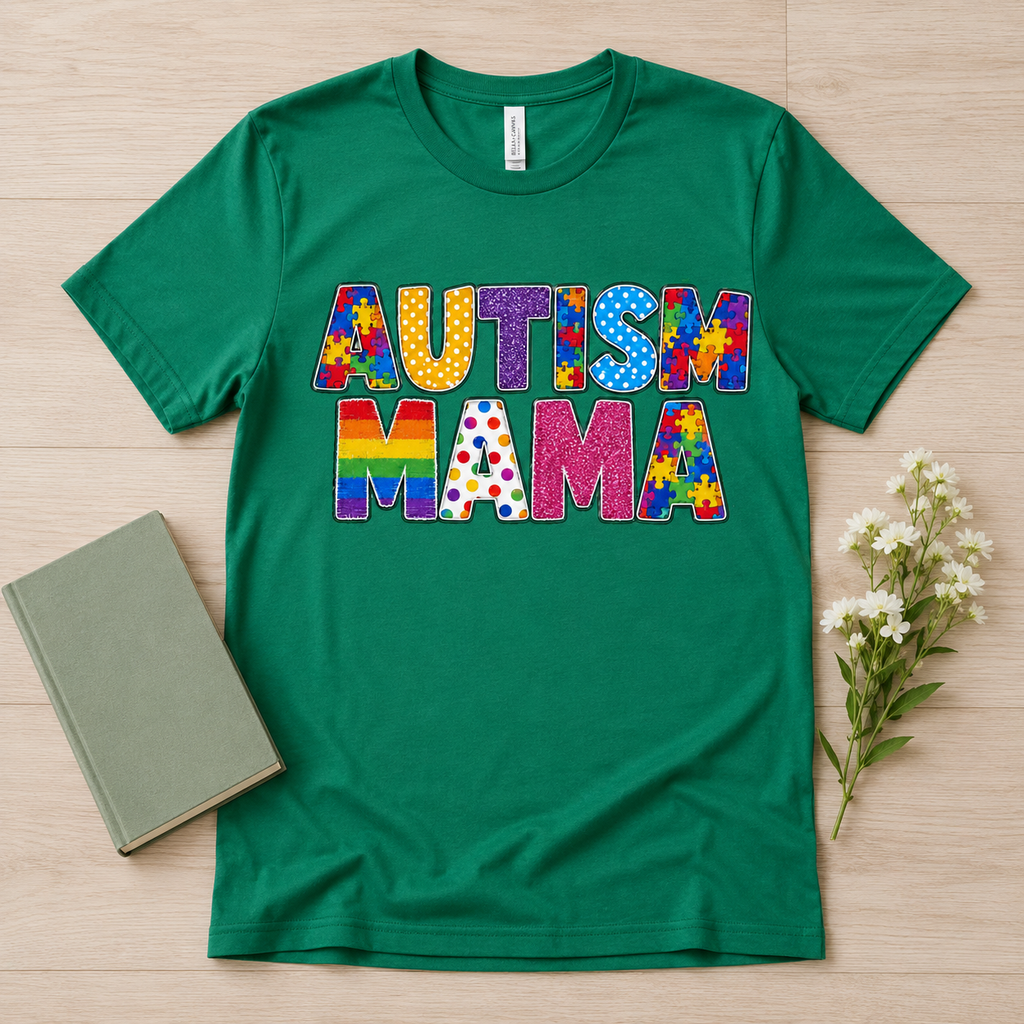 Autism Mama T-Shirt | Colorful Puzzle Letter Design