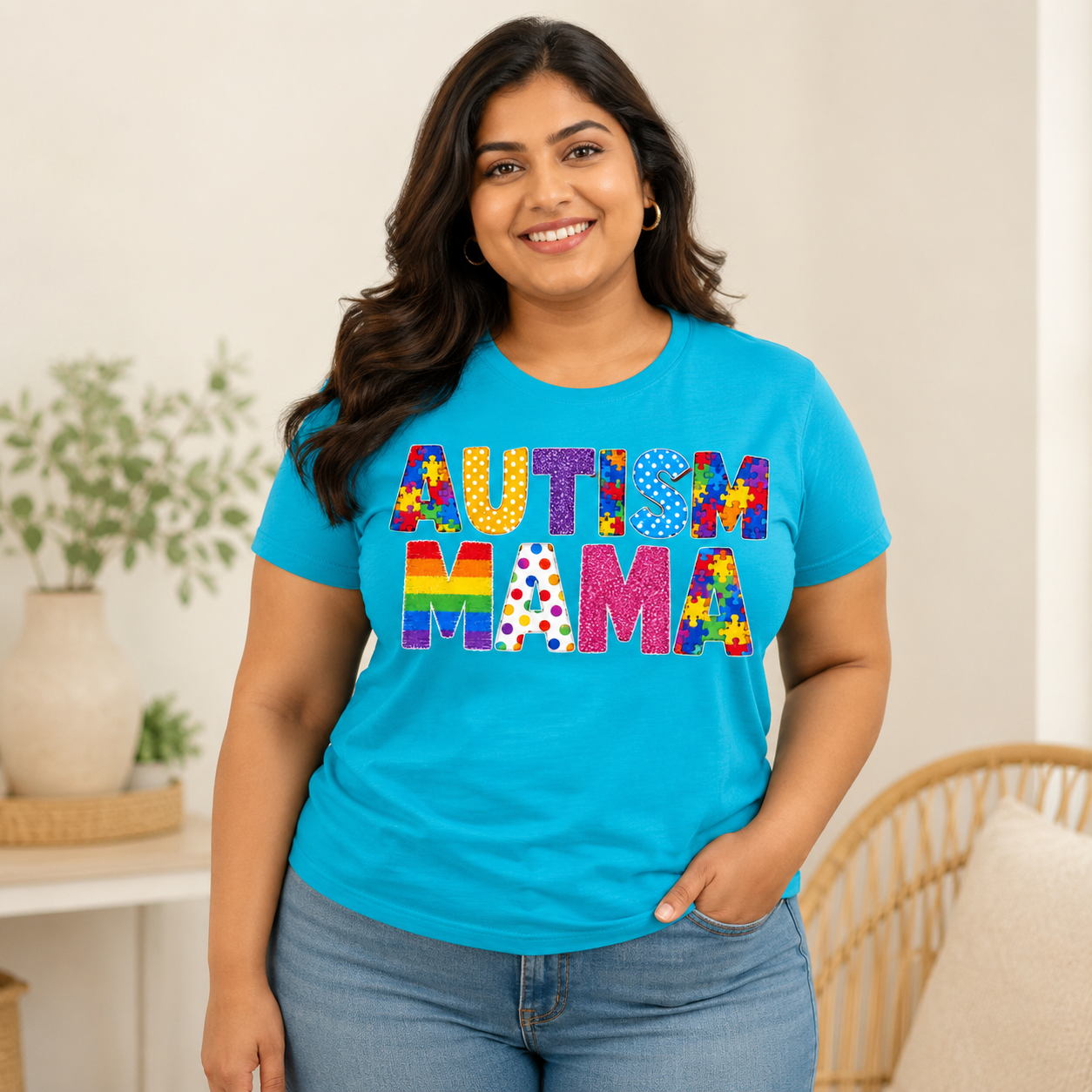 Autism Mama T-Shirt | Colorful Puzzle Letter Design