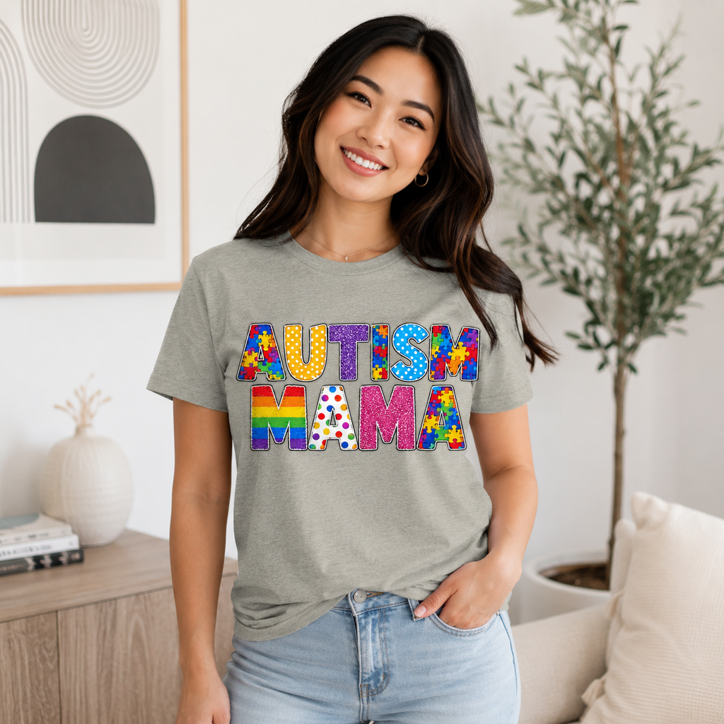 Autism Mama T-Shirt | Colorful Puzzle Letter Design