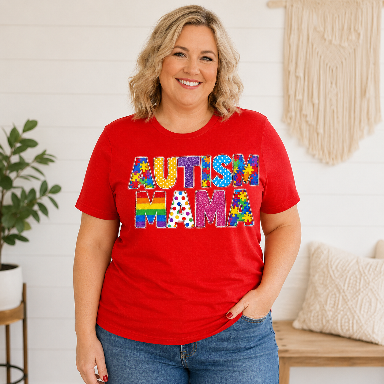 Autism Mama T-Shirt | Colorful Puzzle Letter Design
