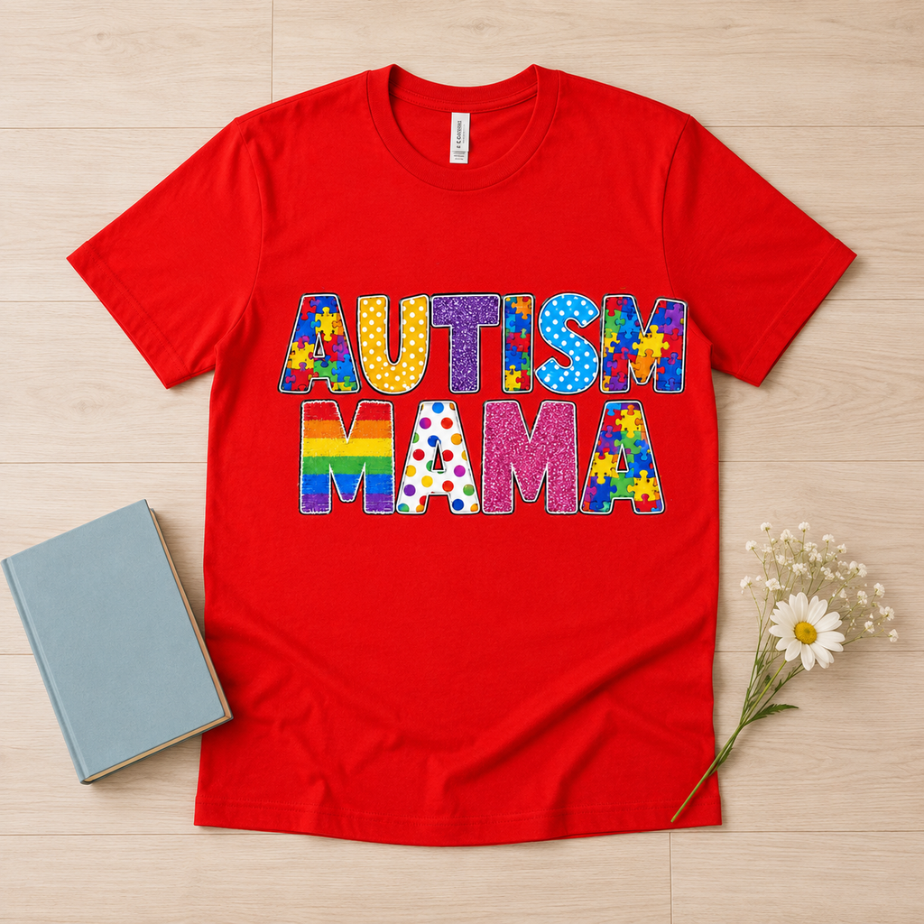 Autism Mama T-Shirt | Colorful Puzzle Letter Design