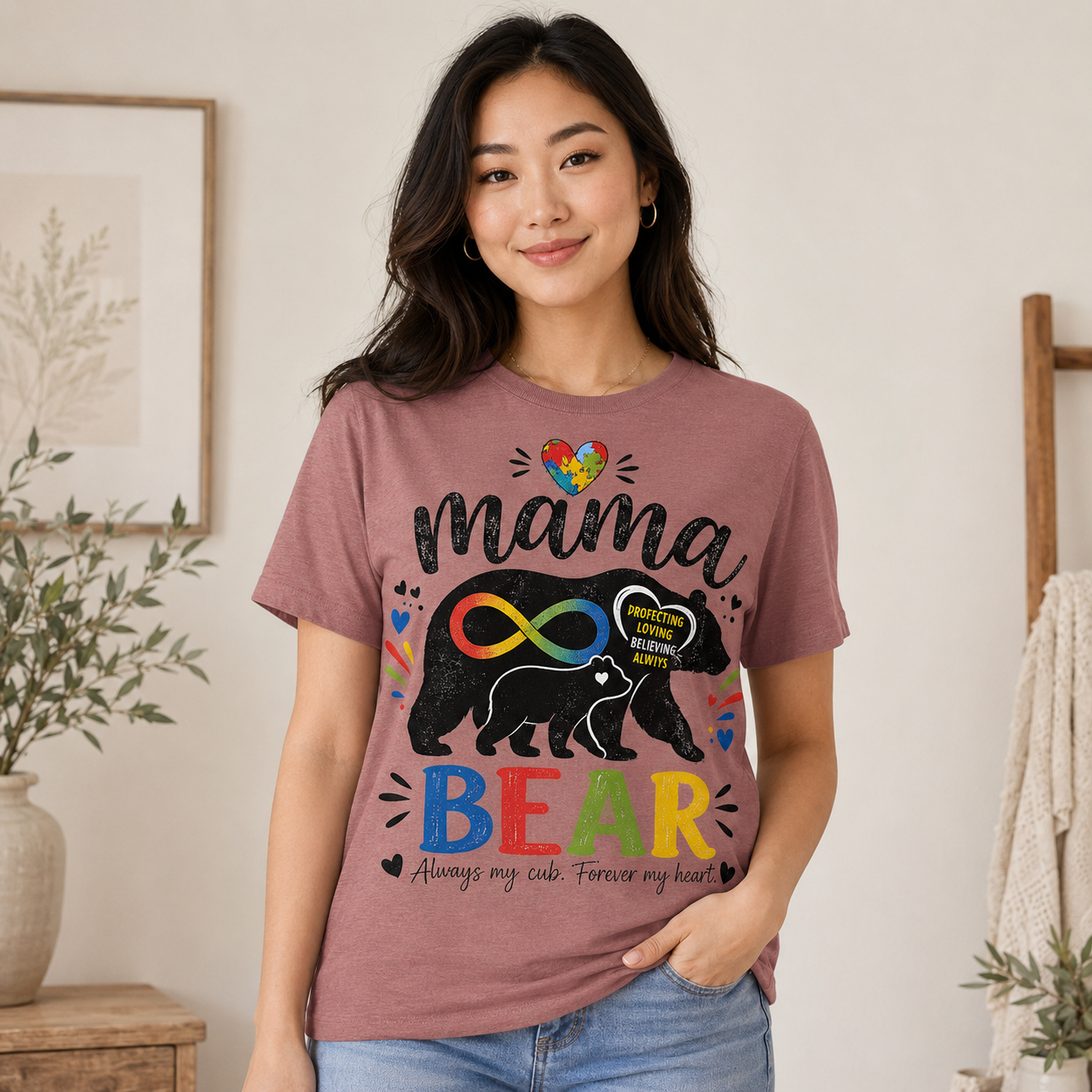 Mama Bear Autism Awareness T-Shirt | Rainbow Infinity Mom Bear Tee