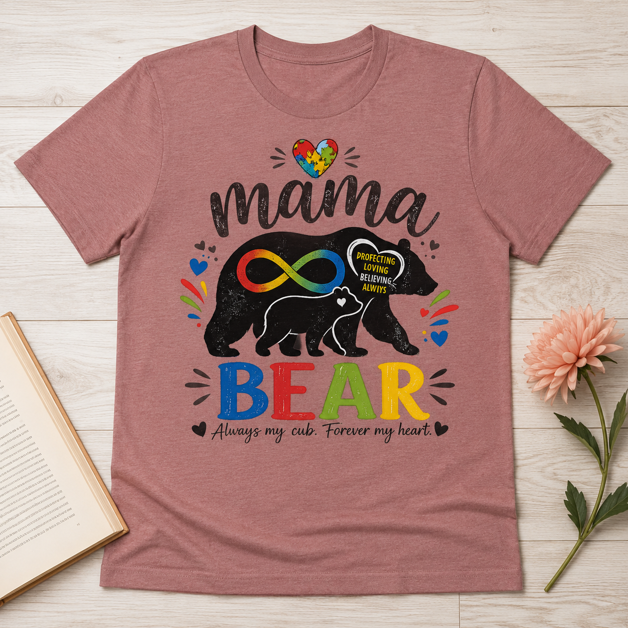 Mama Bear Autism Awareness T-Shirt | Rainbow Infinity Mom Bear Tee