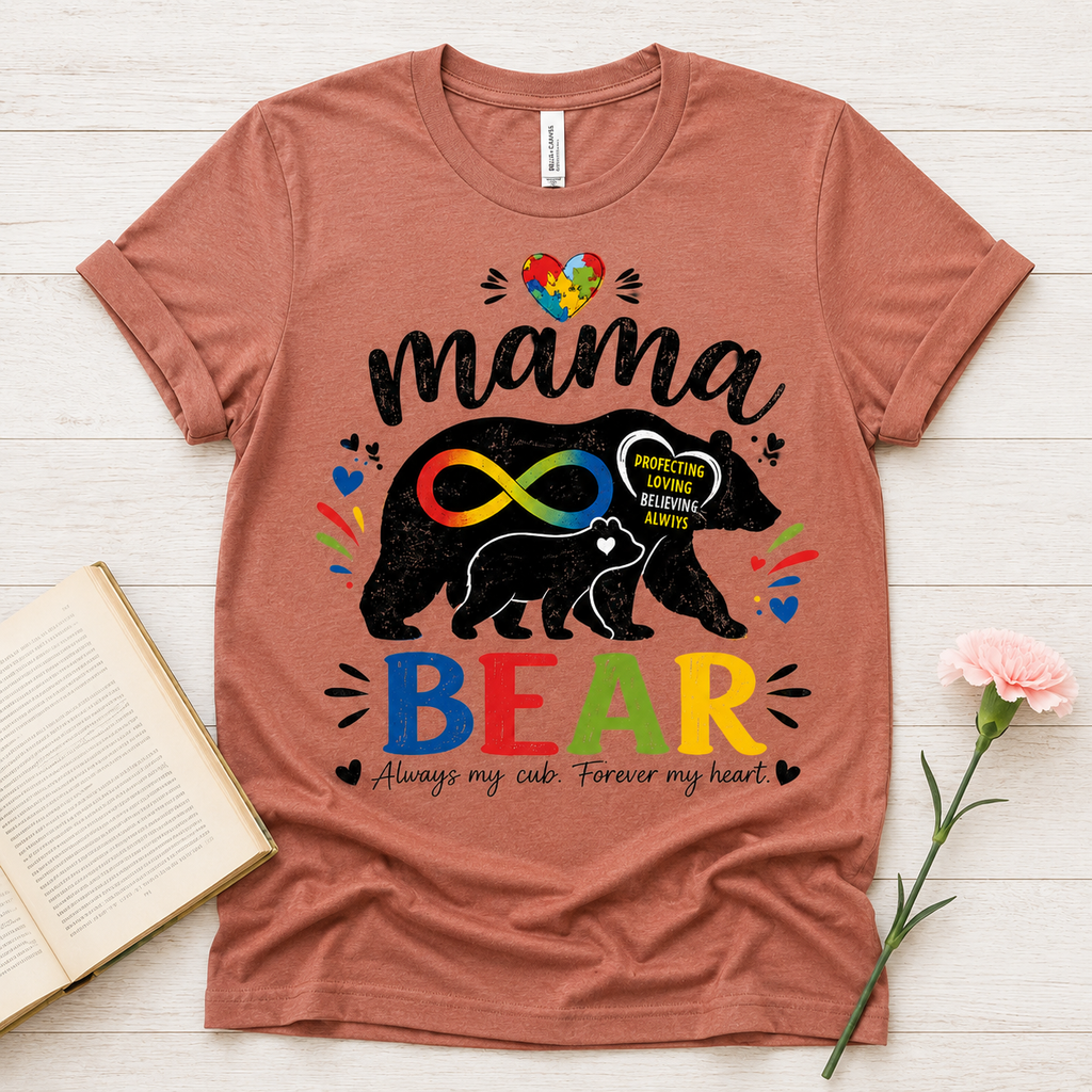 Mama Bear Autism Awareness T-Shirt | Rainbow Infinity Mom Bear Tee