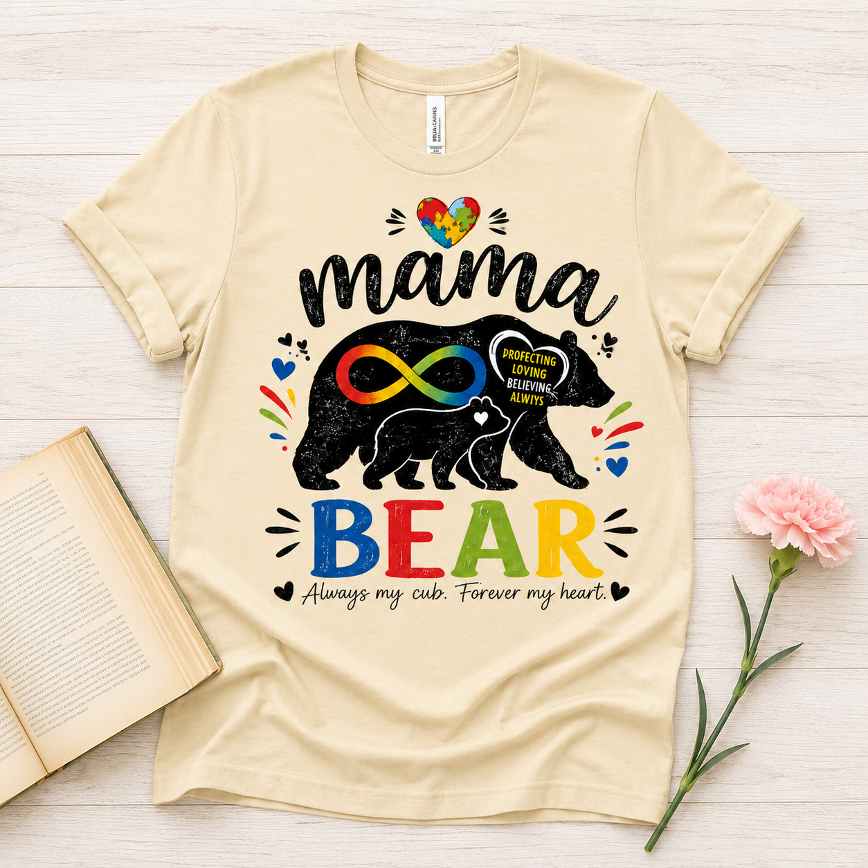 Mama Bear Autism Awareness T-Shirt | Rainbow Infinity Mom Bear Tee
