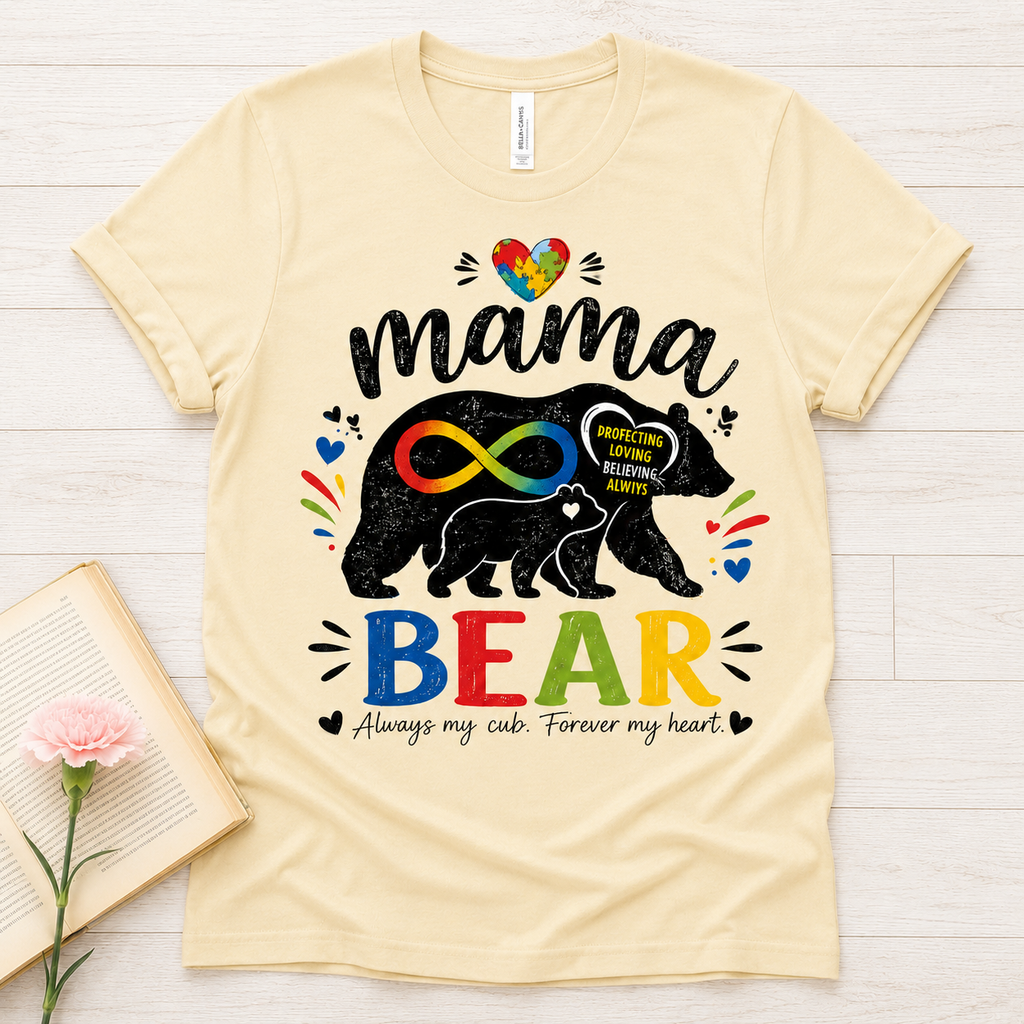 Mama Bear Autism Awareness T-Shirt | Rainbow Infinity Mom Bear Tee