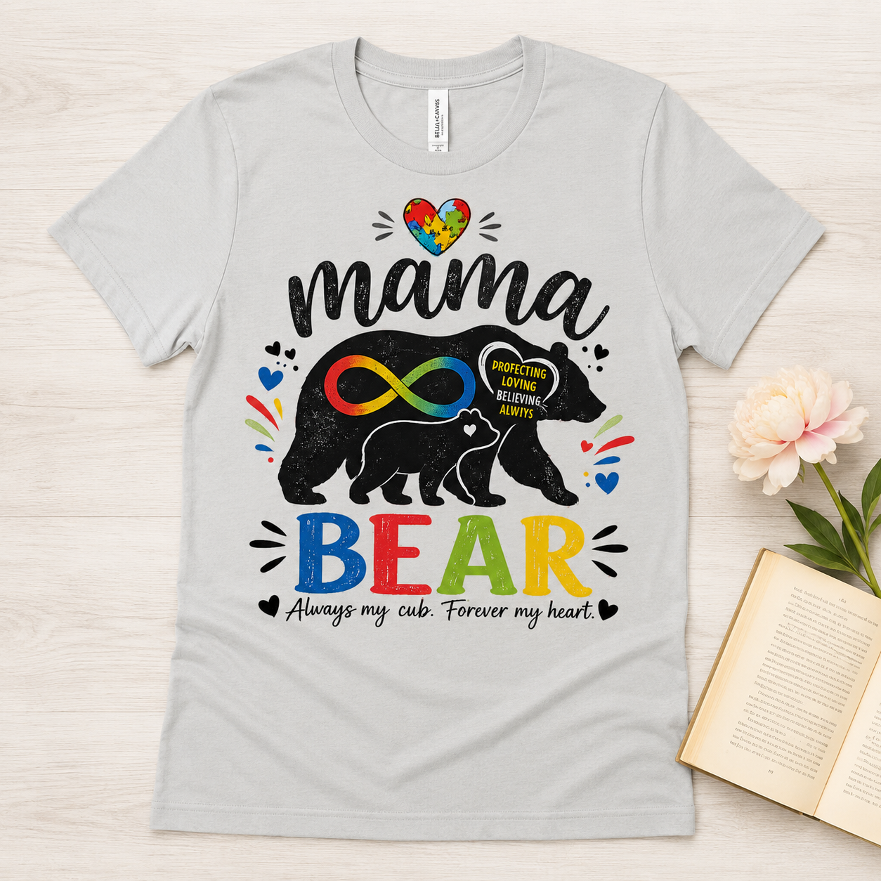 Mama Bear Autism Awareness T-Shirt | Rainbow Infinity Mom Bear Tee