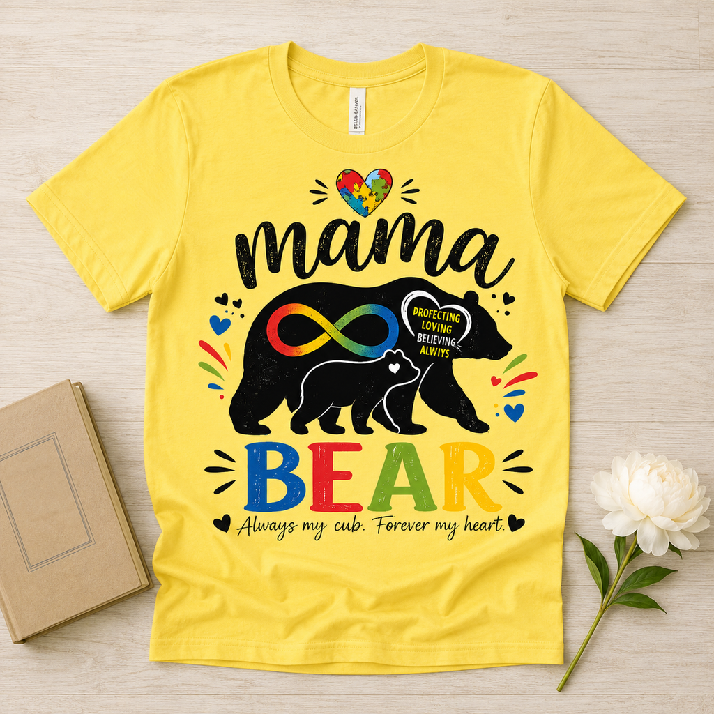 Mama Bear Autism Awareness T-Shirt | Rainbow Infinity Mom Bear Tee