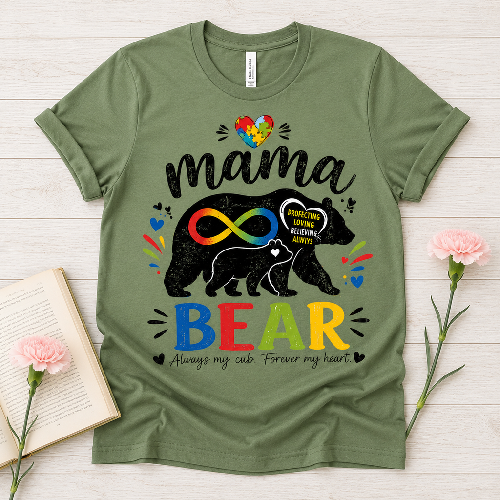 Mama Bear Autism Awareness T-Shirt | Rainbow Infinity Mom Bear Tee
