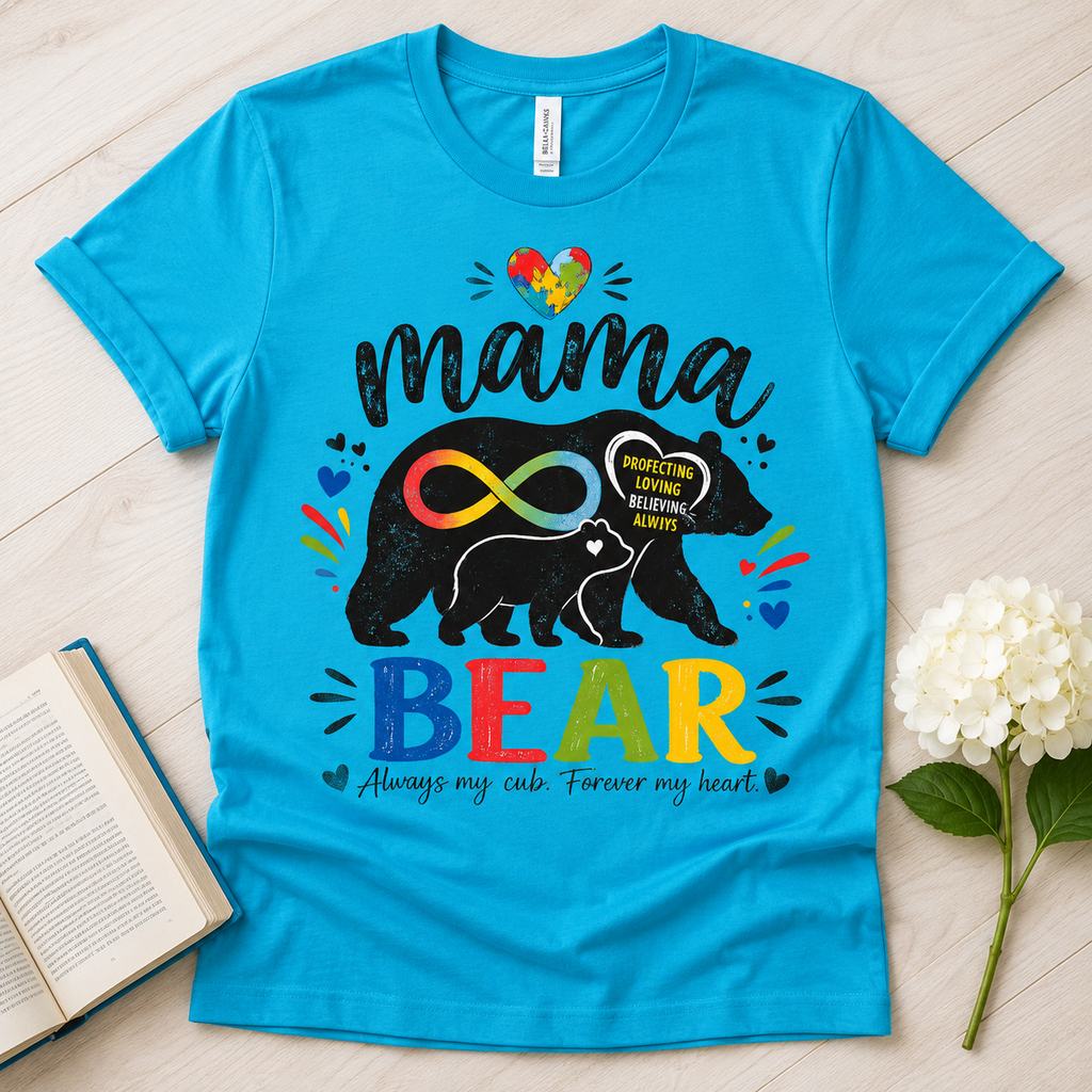 Mama Bear Autism Awareness T-Shirt | Rainbow Infinity Mom Bear Tee