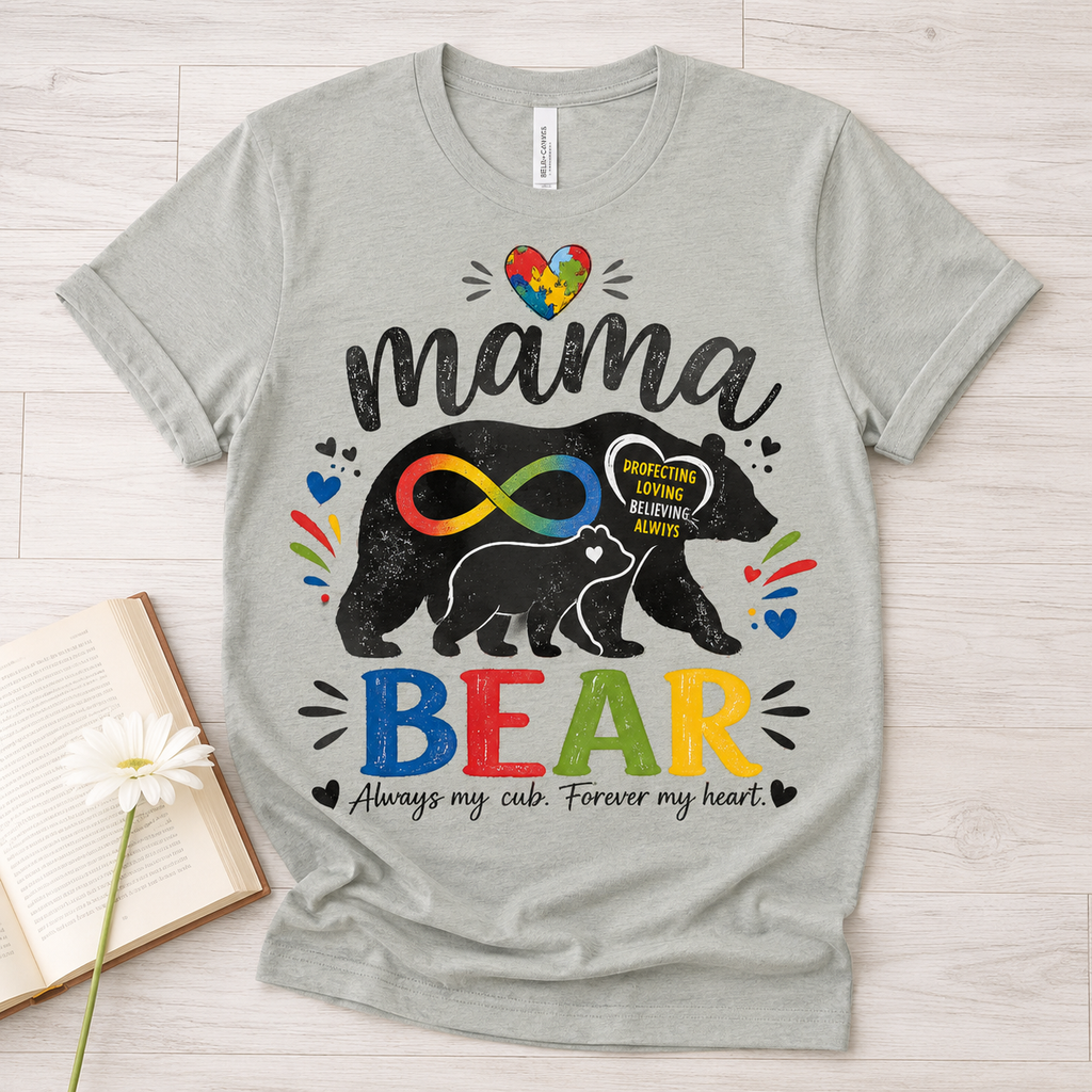 Mama Bear Autism Awareness T-Shirt | Rainbow Infinity Mom Bear Tee