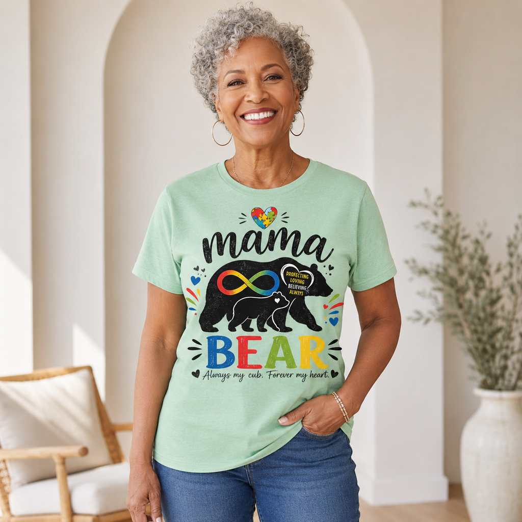 Mama Bear Autism Awareness T-Shirt | Rainbow Infinity Mom Bear Tee