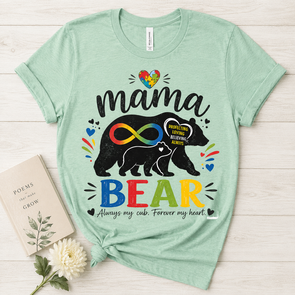 Mama Bear Autism Awareness T-Shirt | Rainbow Infinity Mom Bear Tee