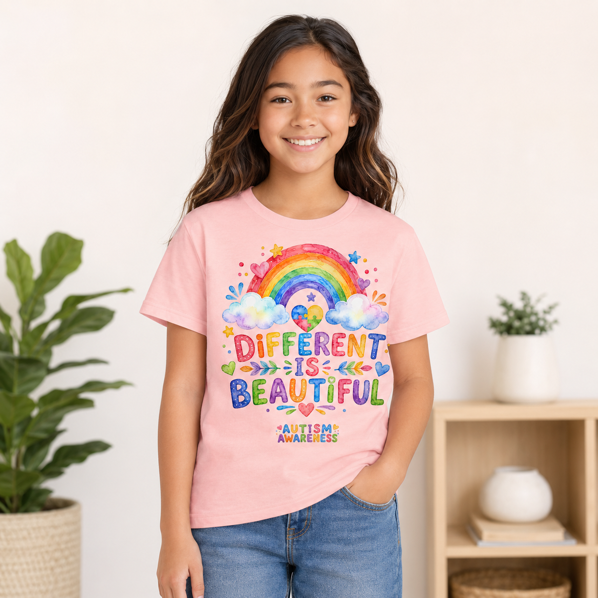 Youth Tee — "Different Is Beautiful" Rainbow Autism Awareness Tee