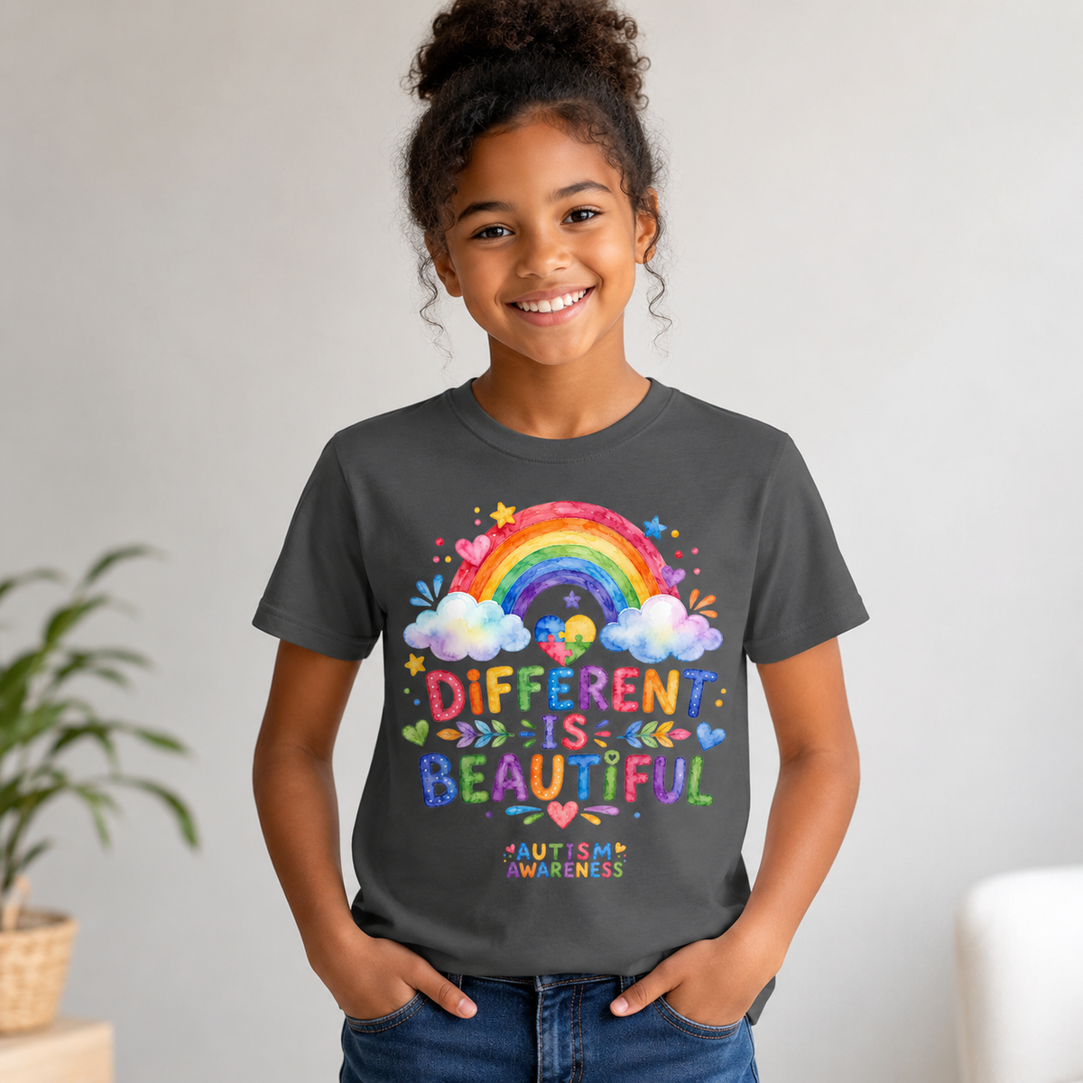 Youth Tee — "Different Is Beautiful" Rainbow Autism Awareness Tee