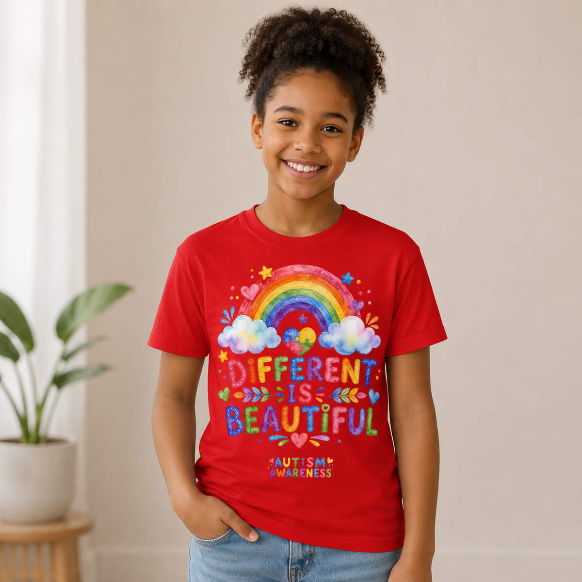 Youth Tee — "Different Is Beautiful" Rainbow Autism Awareness Tee