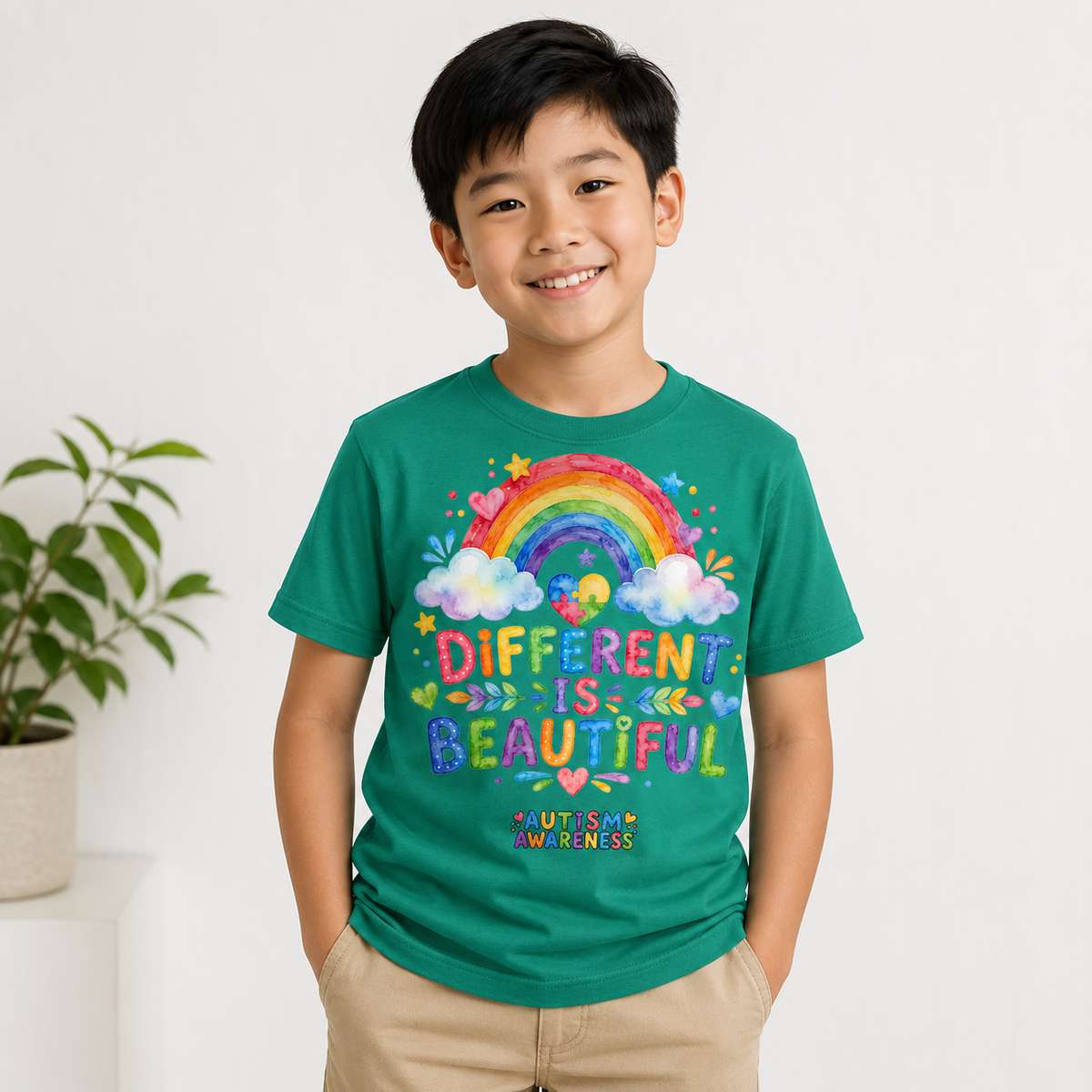 Youth Tee — "Different Is Beautiful" Rainbow Autism Awareness Tee
