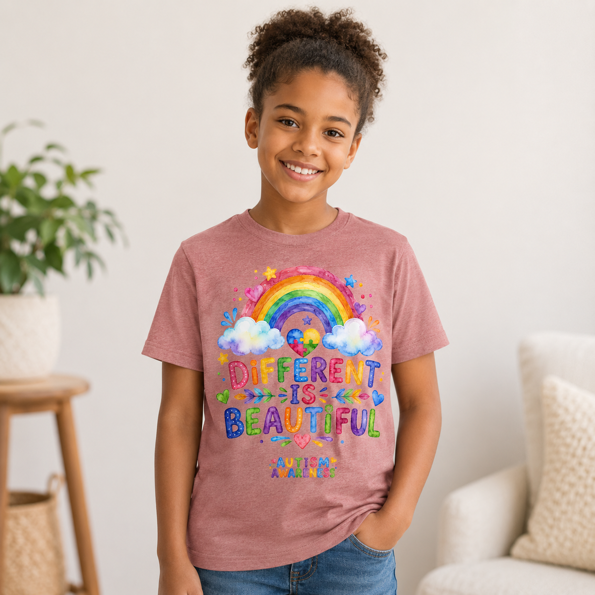Youth Tee — "Different Is Beautiful" Rainbow Autism Awareness Tee