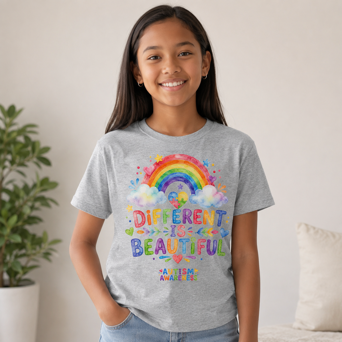 Youth Tee — "Different Is Beautiful" Rainbow Autism Awareness Tee
