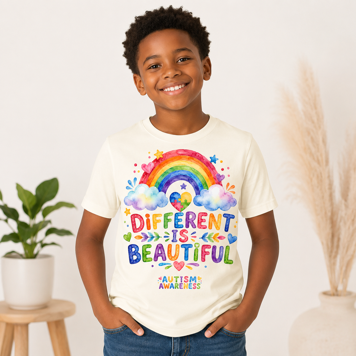 Youth Tee — "Different Is Beautiful" Rainbow Autism Awareness Tee