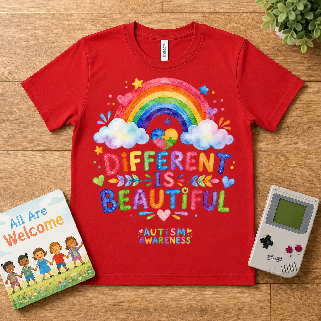 Youth T-Shirt — "Different Is Beautiful" Rainbow Autism Awareness Tee