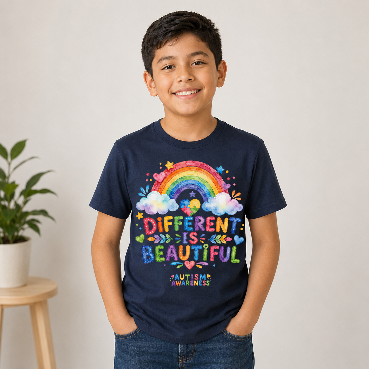 Youth Tee — "Different Is Beautiful" Rainbow Autism Awareness Tee