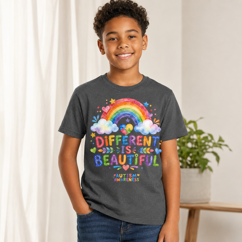 Youth T-Shirt — "Different Is Beautiful" Rainbow Autism Awareness Tee