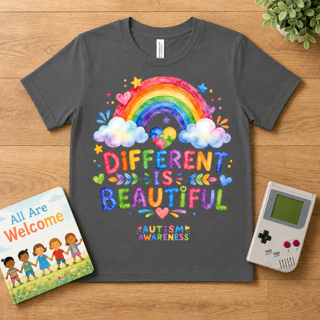 Youth T-Shirt — "Different Is Beautiful" Rainbow Autism Awareness Tee