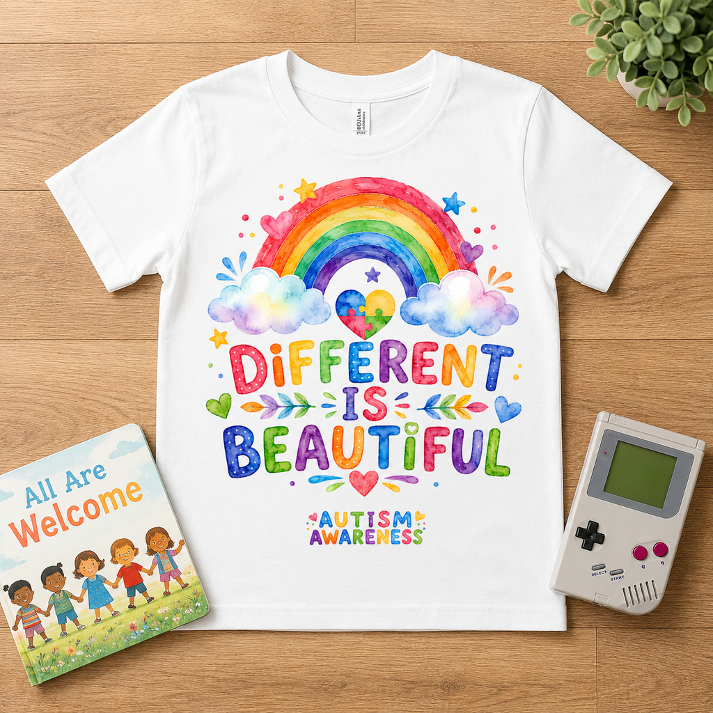 Youth T-Shirt — "Different Is Beautiful" Rainbow Autism Awareness Tee