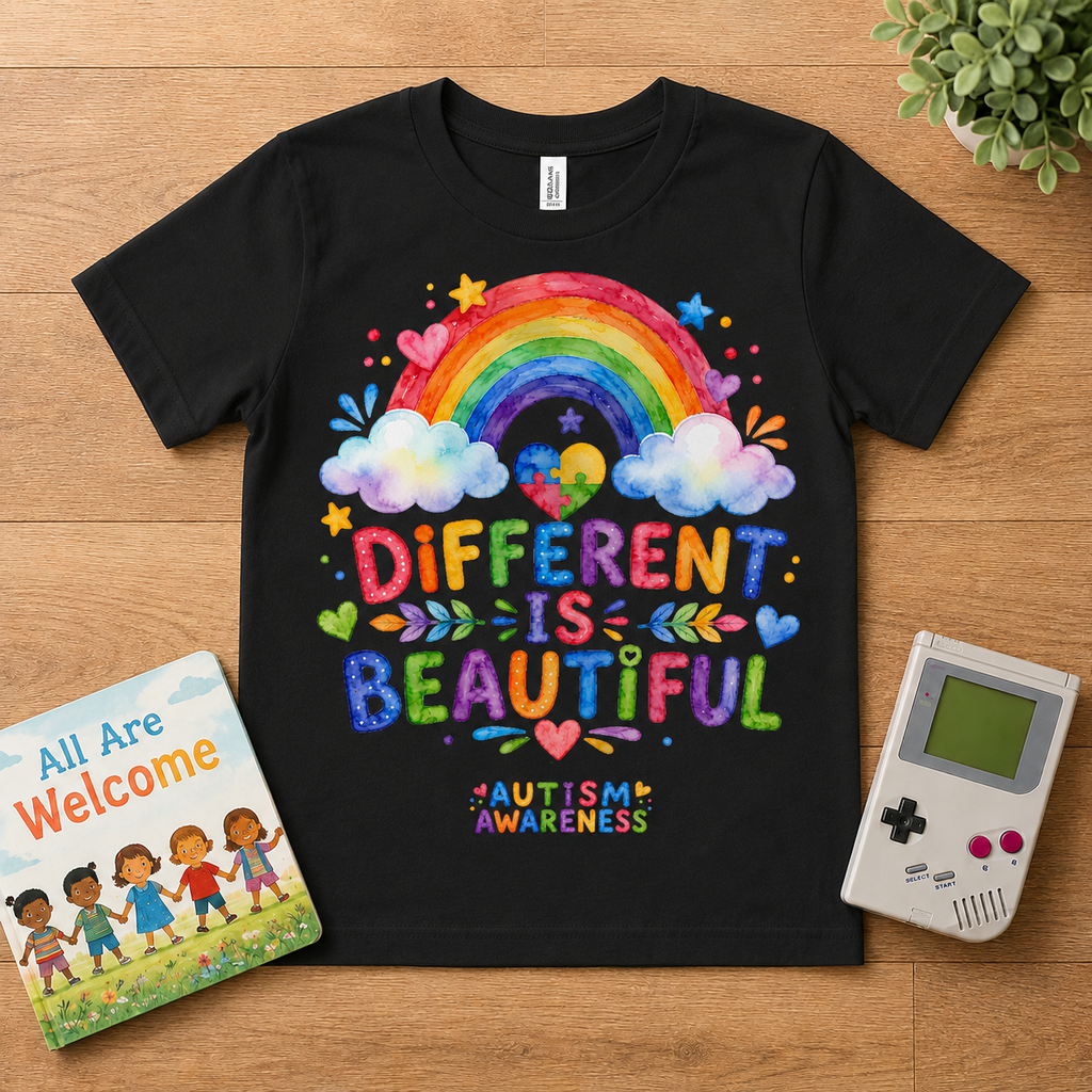 Youth T-Shirt — "Different Is Beautiful" Rainbow Autism Awareness Tee