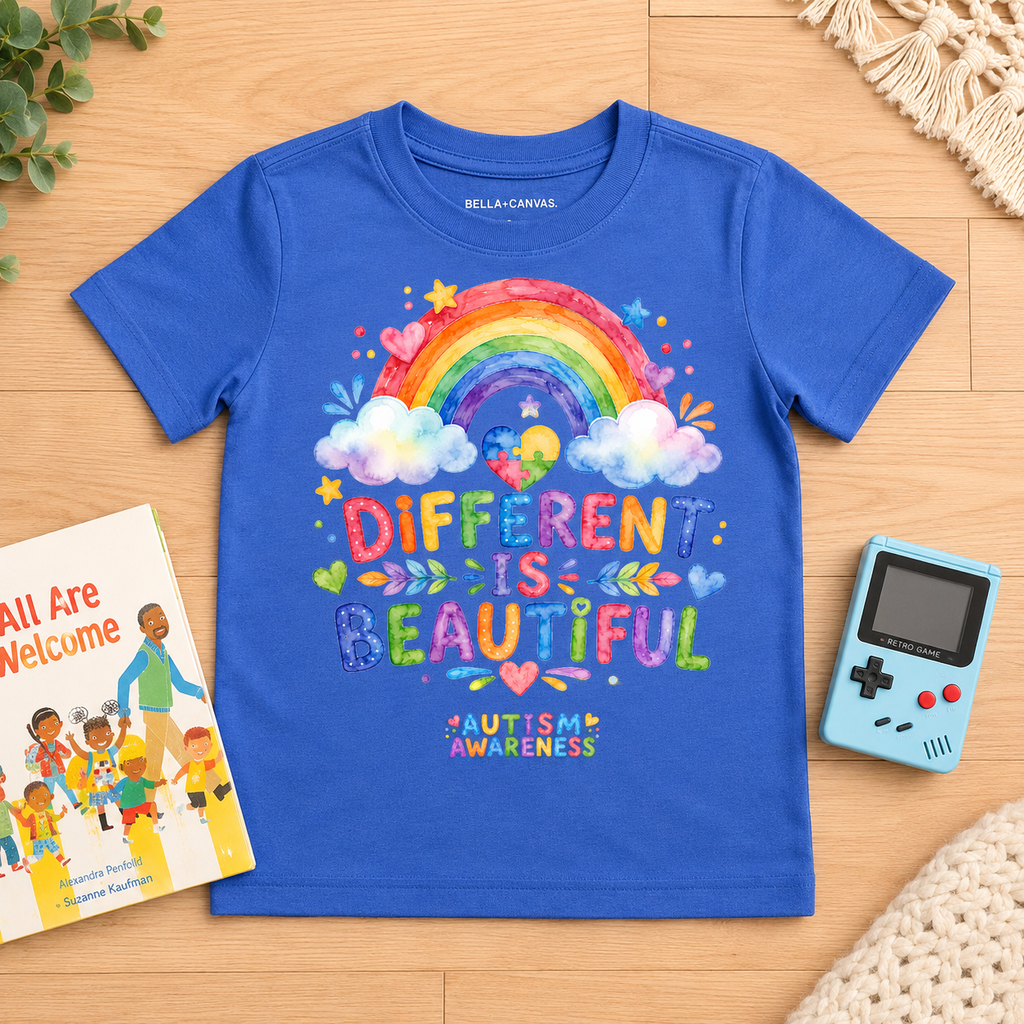Youth T-Shirt — "Different Is Beautiful" Rainbow Autism Awareness Tee