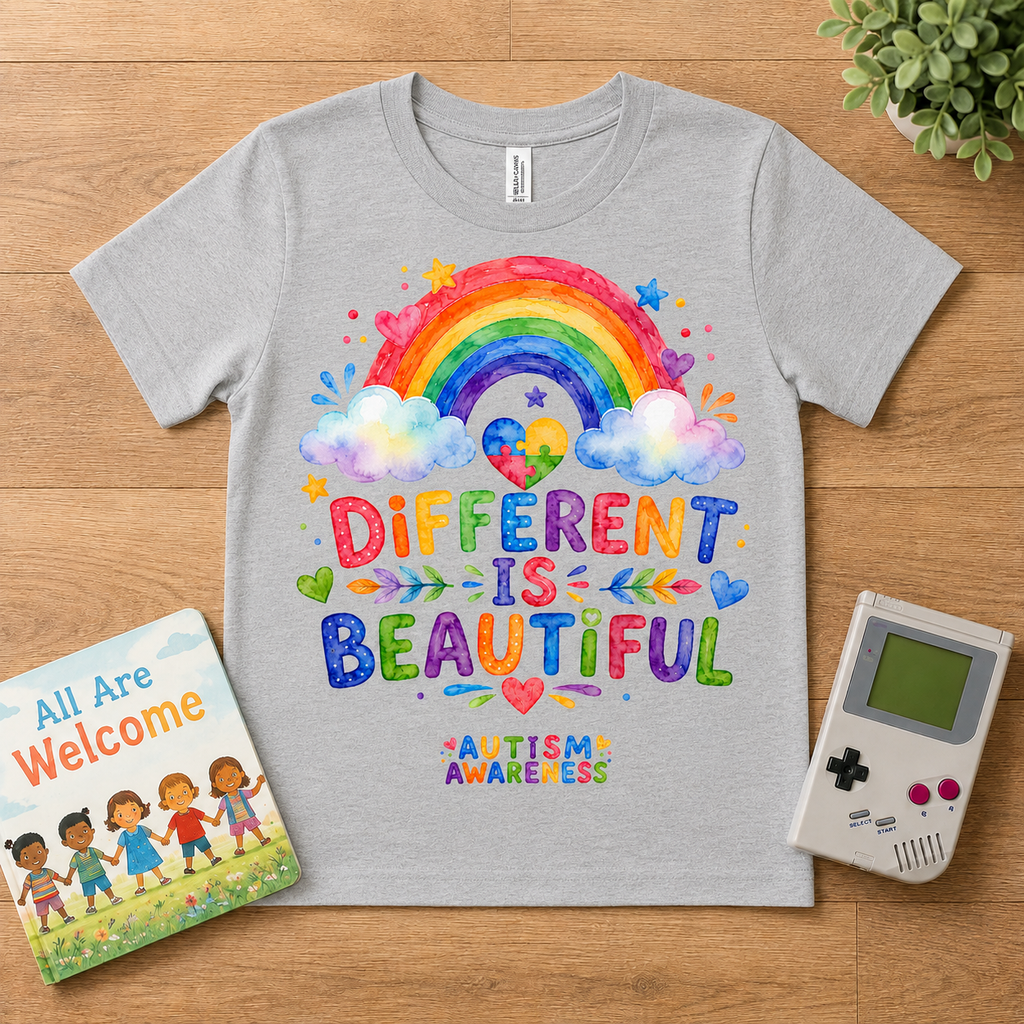 Youth T-Shirt — "Different Is Beautiful" Rainbow Autism Awareness Tee