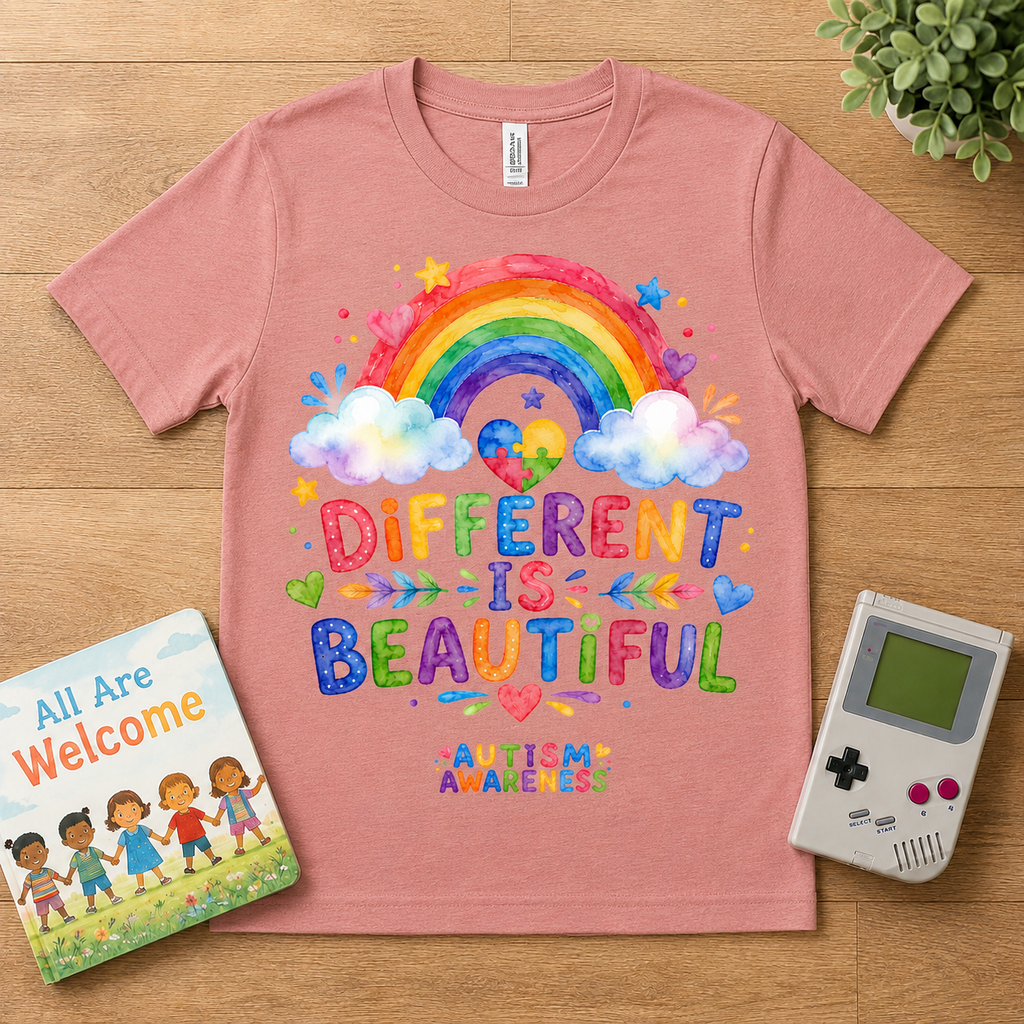Youth T-Shirt — "Different Is Beautiful" Rainbow Autism Awareness Tee