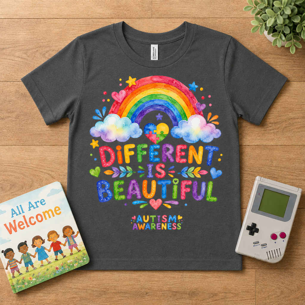 Youth T-Shirt — "Different Is Beautiful" Rainbow Autism Awareness Tee