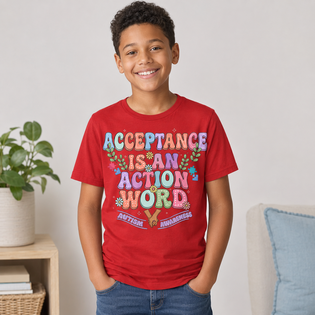 Youth Tee — "Acceptance is an Action Word" Rainbow Pride Kids T-Shirt