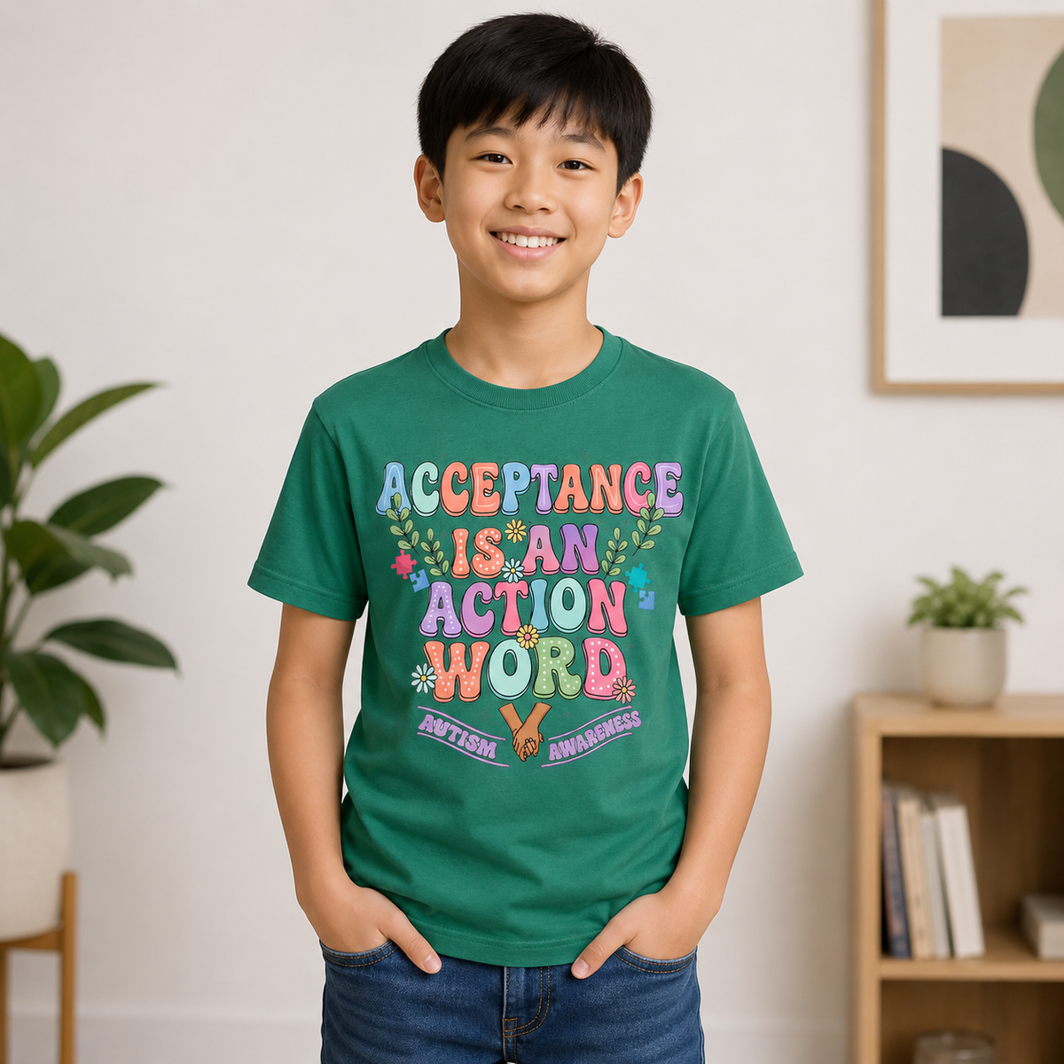Youth Tee — "Acceptance is an Action Word" Rainbow Pride Kids T-Shirt