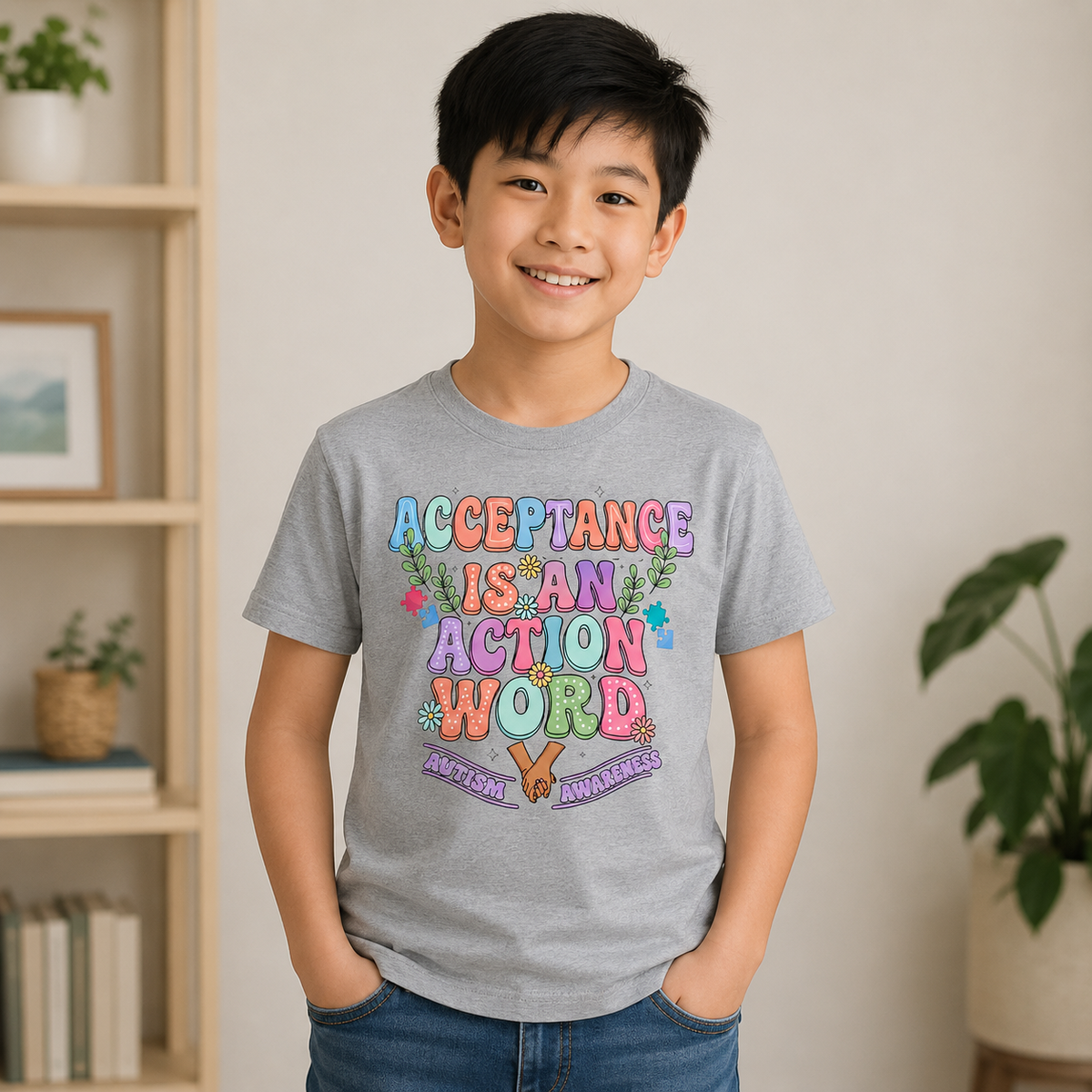 Youth Tee — "Acceptance is an Action Word" Rainbow Pride Kids T-Shirt