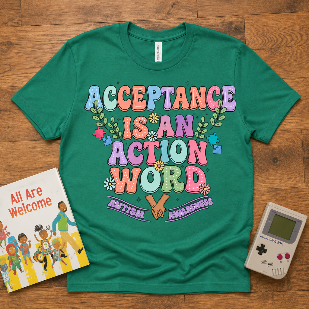 Youth Tee — "Acceptance is an Action Word" Rainbow Pride Kids T-Shirt