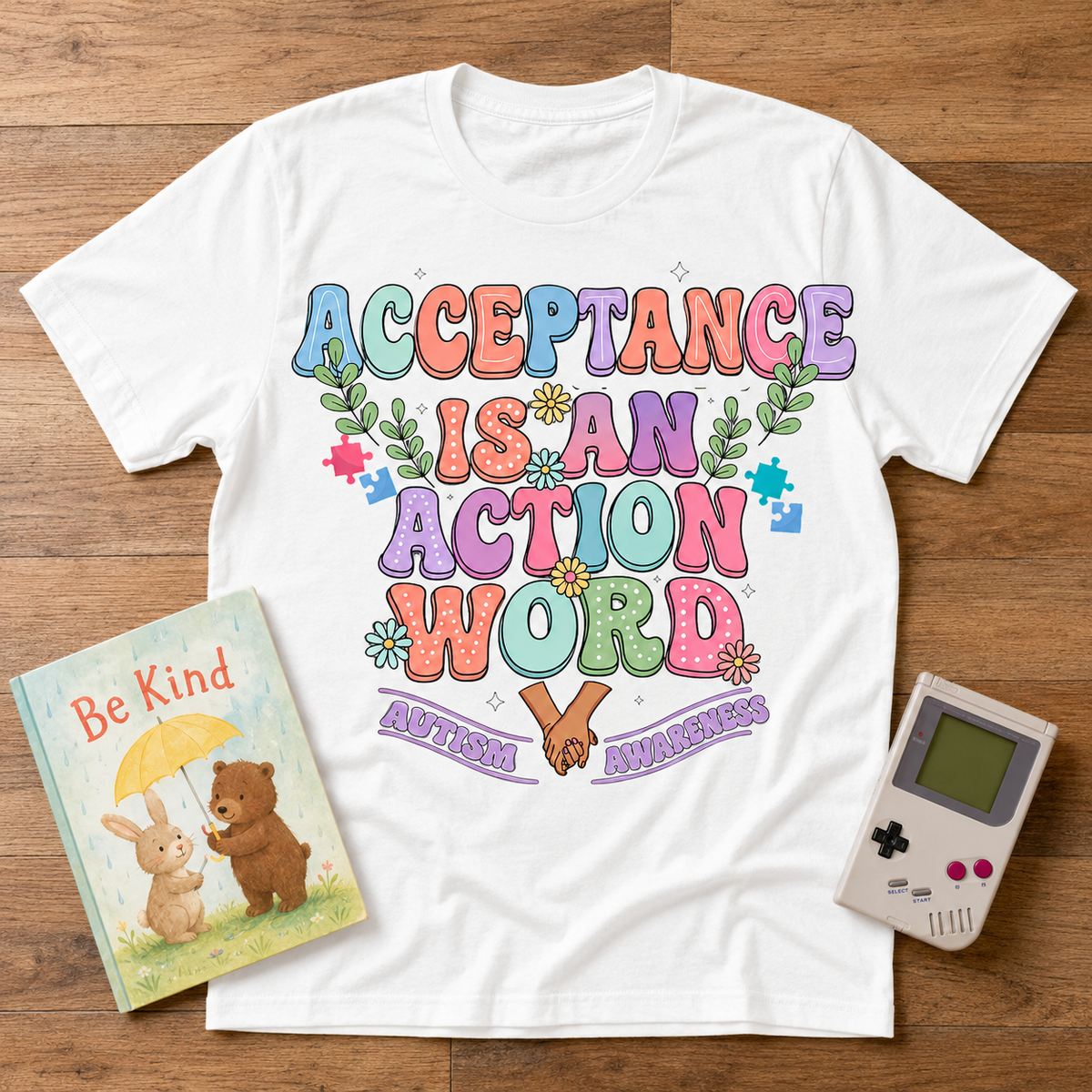 Youth Tee — "Acceptance is an Action Word" Rainbow Pride Kids T-Shirt
