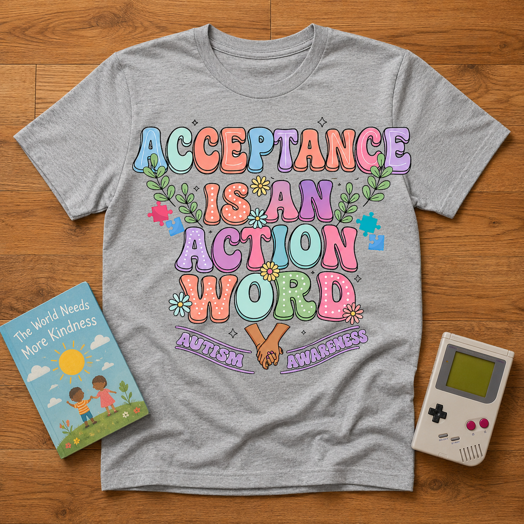 Youth Tee — "Acceptance is an Action Word" Rainbow Pride Kids T-Shirt