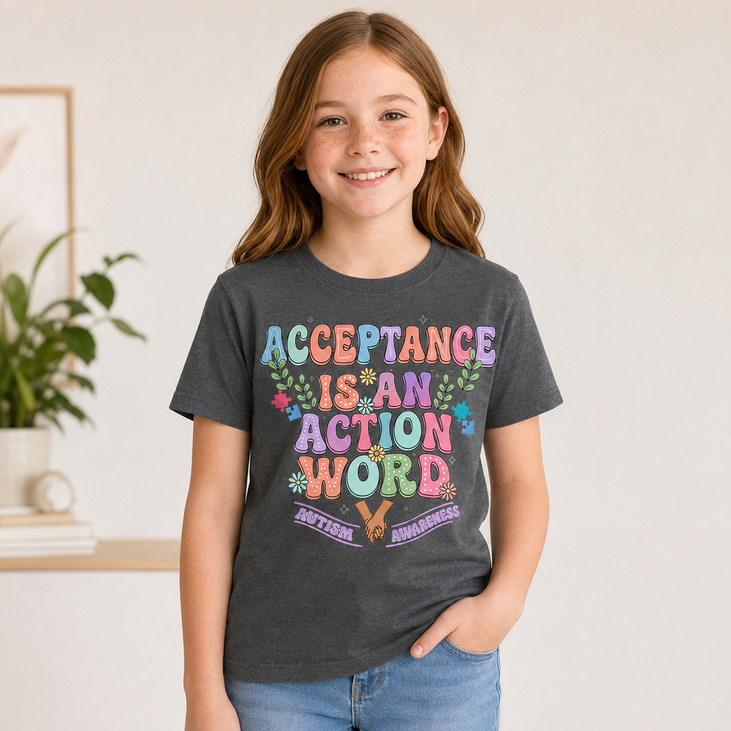Youth Tee — "Acceptance is an Action Word" Rainbow Pride Kids T-Shirt