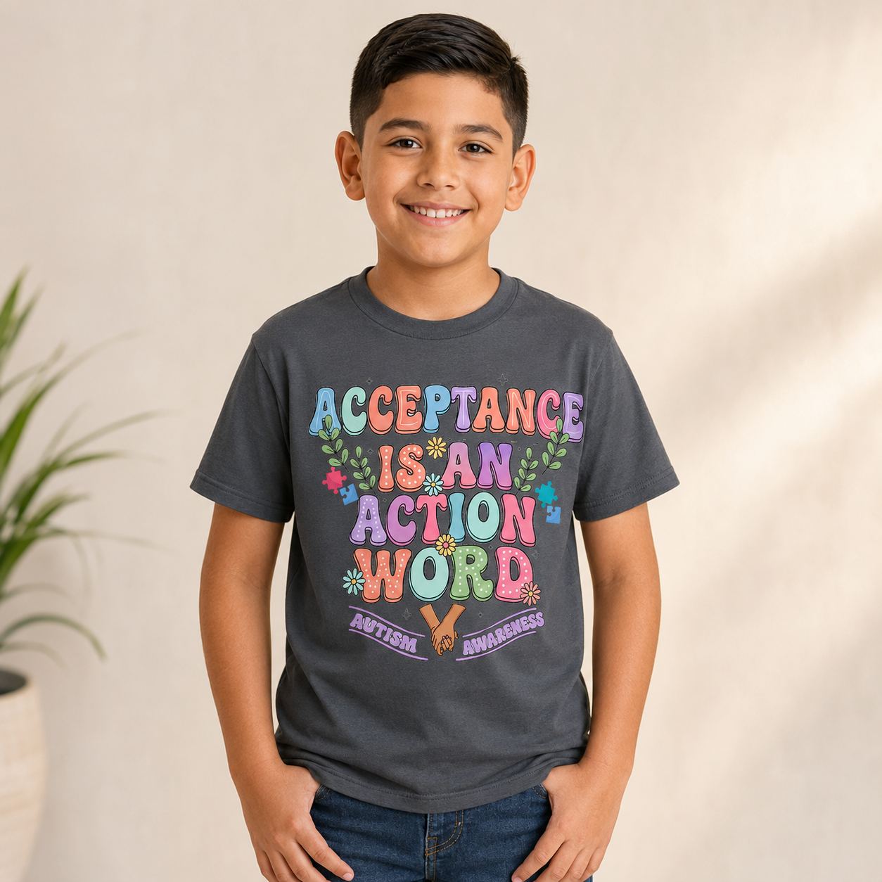 Youth Tee — "Acceptance is an Action Word" Rainbow Pride Kids T-Shirt