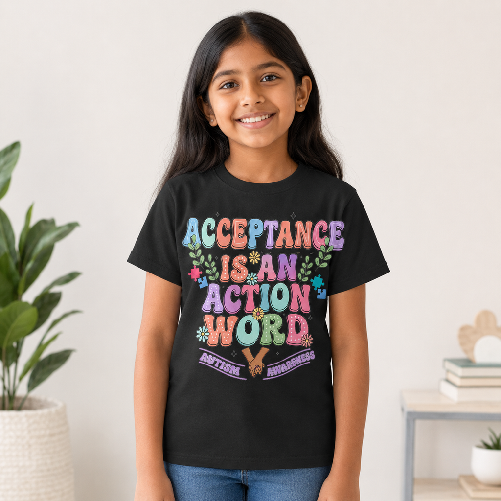 Youth Tee — "Acceptance is an Action Word" Rainbow Pride Kids T-Shirt