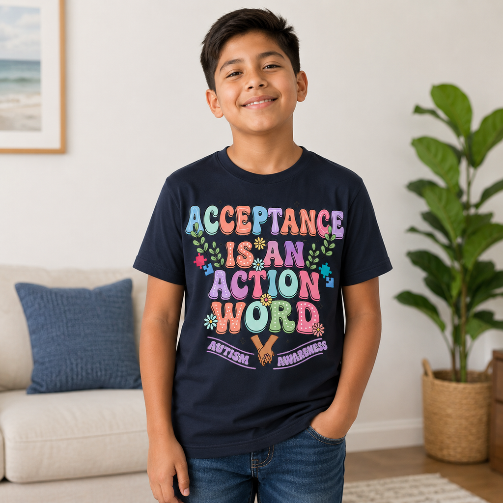 Youth Tee — "Acceptance is an Action Word" Rainbow Pride Kids T-Shirt